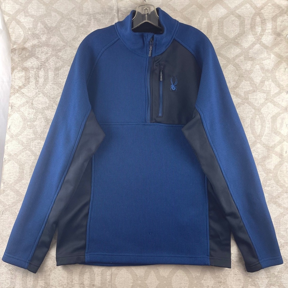 Spyder Mens Blue Black Gait Waffle Knit 1/4 Zip Fleece Pullover Jacket 1619902 L